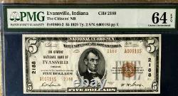 Series 1929 $5 Pmg64 Epq Choice Unc Nat Currency Citizens Nb Evansville Ty2 3386