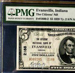 Series 1929 $5 Pmg64 Epq Choice Unc Nat Currency Citizens Nb Evansville Ty2 3386