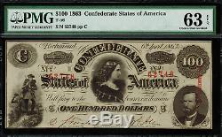 T-56 $100 1863 Confederate Currency CSA Graded PMG 63 EPQ Choice Unc