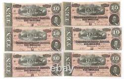T-68 $10 1864 Confederate States Currency Civil War 6 CONSECUTIVE NOTES UNC