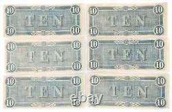 T-68 $10 1864 Confederate States Currency Civil War 6 CONSECUTIVE NOTES UNC