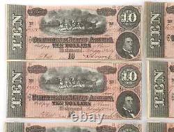 T-68 $10 1864 Confederate States Currency Civil War 6 CONSECUTIVE NOTES UNC
