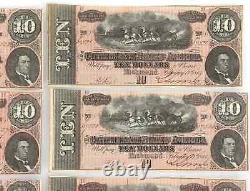 T-68 $10 1864 Confederate States Currency Civil War 6 CONSECUTIVE NOTES UNC