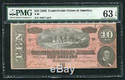 T-68 1864 $10 Csa Confederate States Of America Currency Note Pmg Unc-63epq (b)