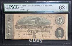 T-69 $5 1864 Confederate States Bank Note Civil War Confederacy Money PMG UNC 62