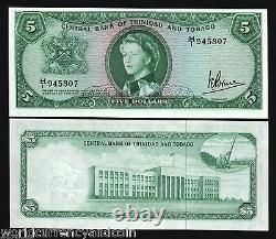 Trinidad & Tobago 5 Dollars P-27 C 1964 Queen Unc Crane Rare Currency Money Note