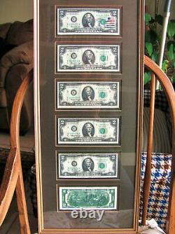 U. S. Currency 6 sequential, $2.00 bills unc, framed, day of issue, 4/13/76