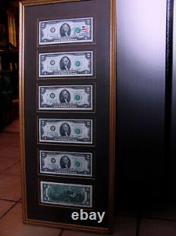 U. S. Currency 6 sequential, $2.00 bills unc, framed, day of issue, 4/13/76