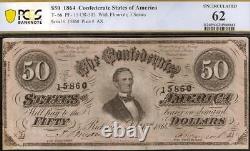 Unc 1864 $50 Dollar Bill Confederate States Note CIVIL War Money T-66 Pcgs 62