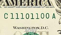 Unc True Binary Note11101100 Fancy Serial Number $1 Us Dollar Bill Currency