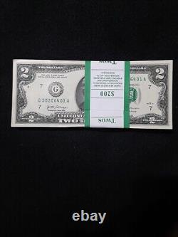 Us currency paper money $2 bills UNC sequential 100 bills