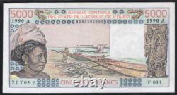 WEST AFRICAN STATES Ivory Coast 5000 FRANCS P-108A 1990 CURRENCY UNC BILL NOTE