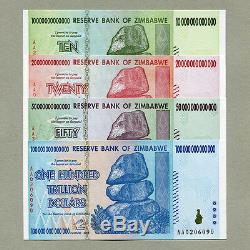 Zimbabwe 100 50 20 10 Trillion Dollars 2008 full set UNC currency bills