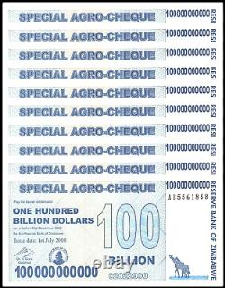 Zimbabwe 100 Billion Dollars Special Agro Cheque X 10 Unc Pieces 2008, P-64