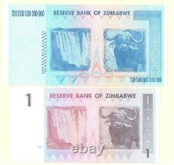 Zimbabwe 100 Trillion AA 2008 P91 & 1 Dollar AA 2007 P65 UNC currency bills