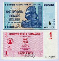 Zimbabwe 100 Trillion Dollars & 1 Cent Bearer Cheque P91 P33 UNC currency bills