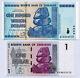 Zimbabwe 100 Trillion Dollars 2008 & 1 Dollar 2007 P91 P65 Unc Currency Bills