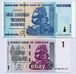 Zimbabwe 100 Trillion Dollars 2008 & 1 Dollar 2007 P91 P65 UNC currency bills