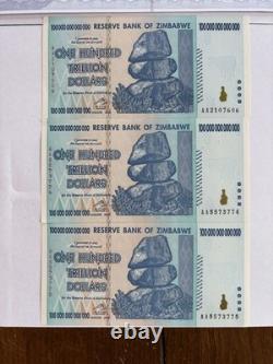 Zimbabwe 100 Trillion Dollars 2008 AA Banknote New UNC Zim Currency (3) withCOA