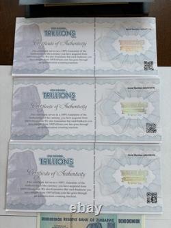 Zimbabwe 100 Trillion Dollars 2008 AA Banknote New UNC Zim Currency (3) withCOA