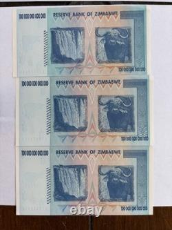 Zimbabwe 100 Trillion Dollars 2008 AA Banknote New UNC Zim Currency (3) withCOA