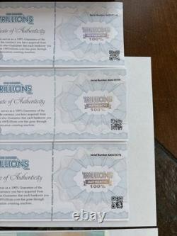 Zimbabwe 100 Trillion Dollars 2008 AA Banknote New UNC Zim Currency (3) withCOA