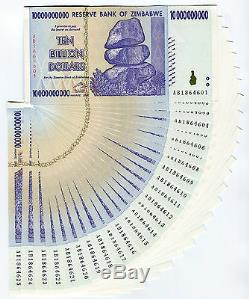 Zimbabwe 10 Billion Dollars x 25 pcs 2008 P85 consecutive UNC currency bills