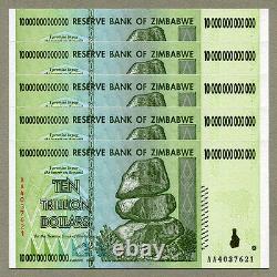 Zimbabwe 10 Trillion Dollars x 5 pcs AA 2008 P88 consecutive UNC currency bills