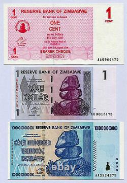 Zimbabwe 1 Cent, 1 Dollar & 100 Trillion Dollars P33 P65 P91 UNC currency bills