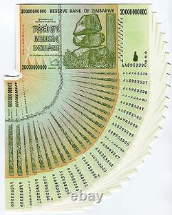 Zimbabwe 20 Billion Dollars x 25 pcs AA 2008 P86 consecutive UNC currency bills