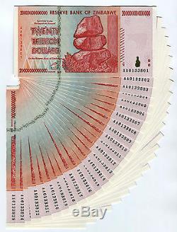Zimbabwe 20 Trillion Dollars x 25 pcs AA 2008 P89 consecutive UNC currency bills