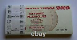 Zimbabwe 500 Million Dollars AC 2008 P60 Full Bundle UNC Currency