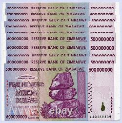 Zimbabwe 500 Million Dollars x 10 notes AA/AB serial 2008 P82 UNC currency bills