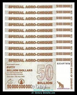 Zimbabwe 50 Billion Dollars Special Agro Cheque, 2008, P-63, UNC, X 10 PCS
