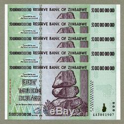 Zimbabwe 50 Trillion Dollars x 5 pcs AA 2008 P90 consecutive UNC currency bills