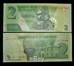 100 X Zimbabwe 2 Dollars 2019 Hybrid P New Unc Banknote / Faisceau De Monnaie