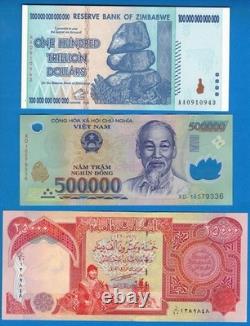 100 billions de dollars zimbabwéens, 500 000 dongs vietnamiens et un lot non trié de 25 000 dinars irakiens
