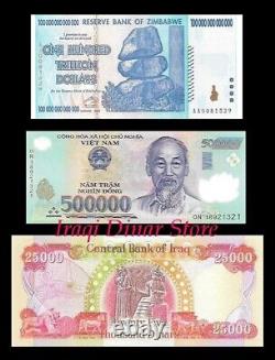 100 trillions de dollars zimbabwéens 500 000 dongs vietnamiens + 25 000 dinars irakiens non circulés