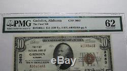 10 $ 1929 Gadsden Alabama Al Monnaie Nationale De Billets De Banque Bill Ch. # 3663 Unc62 Pmg