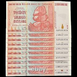 10x Zimbabwe 20 Trillions de Dollars Billet d'Argent UNC Monnaie Hyperinflation