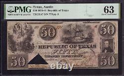 1839 $ 50 République Du Texas Austin Obsolète Note Devise Txcra7 Pmg Ch Unc 63