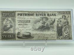 1854 $3 Potomac River Bank Georgetown, D.c. Obsolete Currency Note Unc