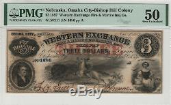 1857 $ 3 Western Nebraska Omaha Échange Obsolète Monnaie Pmg A Propos Unc 50