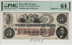 1860 $ 3 Bank Corn Exchange Wapun Wisconsin Obsolète Monnaie Pmg Choix Unc 64