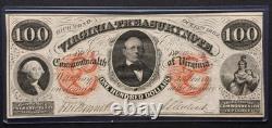 1862 100 $ NOTE DE TRÉSOR DE VIRGINIE UNC RICHMOND, VA MONNAIE DE LA GUERRE CIVILE