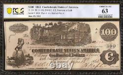 1862 $ 100 $ Projet De Loi États Confédérés Devise CIVIL Note De Guerre Hundo Unc T39 Pcgs 63