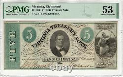 1862 $ 5 Virginia Trésor Note Richmond Obsolète Devise Pmg À Propos De Unc 53 (051)