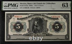 1913 Mexique 5 Pesos S132a BANQUE NOTE MONNAIE UNC PMG 63 EPQ