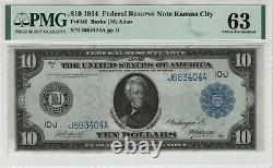 1914 $10 Federal Reserve Note Currency Kansas City Fr. 940 Pmg Choice Unc 63
