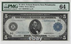 1914 $5 Federal Reserve Note Devise Philadelphie Fr. 855a Choix Pmg Unc Cu 64